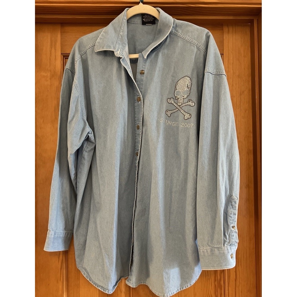 Vintage Three Rivers Denim LS Shirt Mens 2XL Skull Rhinestones Sturgis 2007
